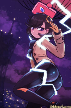 Rule 34 | 1girl, ass, black bodysuit, black hair, bodysuit, bodysuit under clothes, breasts, closed mouth, cloud, commentary, emma (pokemon), gen 4 pokemon, gloves, hand up, jacket, long sleeves, looking at viewer, lumineko, night, nintendo, open clothes, open jacket, outdoors, parachute, pokemon, pokemon legends: z-a, ring hair ornament, rotom, rotom (other), short hair, sky, smile, star (sky), watermark, web address