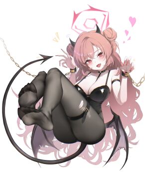1girl absurdres black_leotard black_pantyhose blue_archive blush breasts chain chained_wrists choker claw_pose cleavage commentary_request crossed_bangs demon_horns demon_tail demon_wings double_bun fang fathertrex feet fingernails hair_bun halo highres horns kirara_(blue_archive) large_breasts legs leotard long_fingernails long_hair looking_at_viewer no_shoes open_mouth pantyhose pink_hair pink_halo red_eyes red_nails skin_fang smile soles solo tail toes torn_clothes torn_pantyhose very_long_hair wavy_hair wings