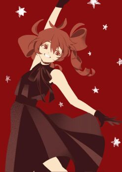 1girl arm_up dress gloves grin iamseallion kasane_teto looking_to_the_side no_sclera outstretched_arm red_background red_eyes sleeveless smile solo star_(symbol) twintails utau