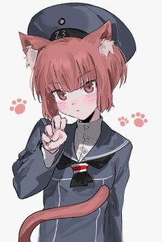 1girl animal_ears aogisa arrow_(symbol) black_dress black_hat black_neckerchief black_sailor_collar brown_eyes brown_hair cat_ears cat_tail clothes_writing curled_fingers dress hat highres kantai_collection neckerchief paw_pose paw_print sailor_collar sailor_dress sailor_hat short_hair simple_background solo tail translation_request upper_body white_background z3_max_schultz_(kancolle)