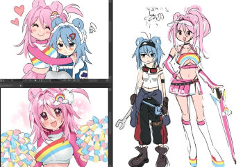 2girls animal_ears apron armband baggy_pants bear_ears black_choker black_footwear black_headband black_pants blue_hair blue_jacket blush blush_stickers boots brown_gloves care_bears cheer_bear cheerleader cheshirette choker closed_eyes clothing_cutout crop_top detached_sleeves frilled_apron frills frown furrowed_brow genderswap genderswap_(mtf) gloves goggles grumpy_bear hair_between_eyes hand_on_own_hip happy headband heart height_difference high_ponytail holding holding_umbrella holding_wrench hug hug_from_side jacket jersey_maid kiss kissing_forehead knee_boots long_hair long_sleeves looking_at_viewer maid maid_headdress mechanic medium_hair miniskirt multiple_girls navel open_mouth pants personification pink_eyes pink_hair pink_skirt platform_boots platform_footwear pom_pom_(cheerleading) ponytail rainbow scribble short_ponytail single_off_shoulder sketch skirt smile sparkle spoken_heart tank_top umbrella unconventional_maid underboob_cutout unworn_goggles visor_cap whale_tail_(clothing) white_apron white_background white_footwear white_tank_top wrench