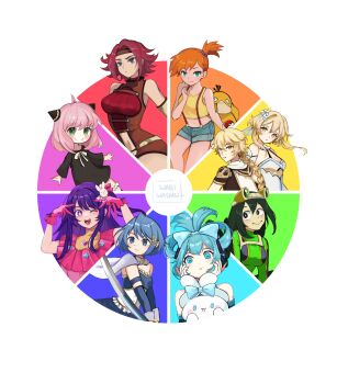 1boy 6+girls absurdres aether_(genshin_impact) anya_(spy_x_family) aqua_eyes aqua_hair artist_name asui_tsuyu belt black_dress black_eyes black_hair blonde_hair blue_bow blue_eyes blue_hair blue_shorts blush bodysuit boku_no_hero_academia bow braid braided_ponytail breasts bright_pupils cape child cinnamiku cinnamoroll cleavage clothing_cutout code_geass color_wheel_challenge dress fortissimo fuwa_fuwa_cinnamoroll gen_1_pokemon gloves green_bodysuit green_eyes hair_bow hair_ornament hairpods hatsune_miku heart highres holding holding_sword holding_weapon hoshino_ai kouzuki_kallen large_breasts long_hair long_sleeves looking_at_viewer lumine_(genshin_impact) mahou_shoujo_madoka_magica mahou_shoujo_madoka_magica_(anime) matching_hair/eyes medium_breasts medium_hair midriff miki_sayaka miki_sayaka_(magical_girl) misty_(pokemon) multiple_drawing_challenge multiple_girls navel navel_cutout nintendo one_eye_closed open_mouth orange_hair oshi_no_ko pink_gloves pink_hair poke_ball poke_ball_(basic) pokemon pokemon_(anime) pokemon_(classic_anime) pokemon_(creature) ponytail psyduck purple_eyes purple_hair rabbit_hair_ornament rainbow_order red_hair sanrio short_hair short_hair_with_long_locks short_ponytail shorts side_ponytail sleeveless small_breasts smile spy_x_family star-shaped_pupils star_(symbol) sword symbol-shaped_pupils tank_top updo vocaloid wabiwasabi weapon white_cape white_pupils yellow_eyes yellow_tank_top