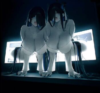 2girls animated bent_over black_hair black_horns black_nails blue_hair breasts cleavage collarbone cosplay fang fingernails glitch hair_over_one_eye hair_over_shoulder hololive hololive_english horns huge_breasts inverted_colors long_bangs long_hair looking_at_viewer looping_animation monitor multiple_girls nail_polish nerissa_ravencroft night nipples one_eye_covered open_mouth ouro_kronii pink_eyes prab screen shirt smile static tagme teeth the_ring through_medium through_screen tongue ugoira video virtual_youtuber white_shirt yamamura_sadako yamamura_sadako_(cosplay)