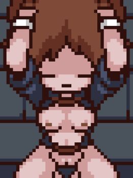 against_wall animated animated_gif arms_up bethany_(the_binding_of_isaac) blue_eyes breasts brown_hair cleft_of_venus cuffs cum cum_in_pussy lowres nipples open_clothes penis pixel_art pussy rape restrained tears the_binding_of_isaac vaginal yazawa_akio