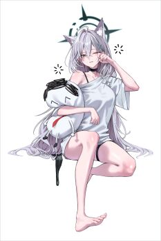 1girl absurdres alternate_costume animal_ear_fluff animal_ears barefoot black_choker blue_archive blue_eyes blue_halo bra_strap breasts broken_halo character_doll choker commentary cross cross_hair_ornament dark_halo doll doodle_sensei_(blue_archive) extra_ears feet grey_hair hair_between_eyes hair_ornament halo hand_on_own_cheek hand_on_own_face highres hugging_doll hugging_object inverted_cross invisible_chair kin_(wdng_25) large_breasts long_hair looking_at_viewer no_pants one_eye_closed sensei_(blue_archive) shiroko_terror_(blue_archive) shirt single_off_shoulder sitting sleepy solo squeans stuffed_toy thigh_strap toes transparent_background very_long_hair white_shirt wolf_ears wolf_girl