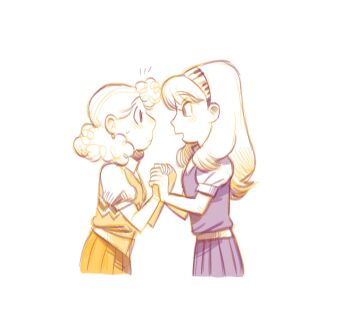 2girls blush charlie_brown dubu274611 earrings genderswap genderswap_(mtf) hairband highres jewelry long_hair multiple_girls peanuts_(comic) puffy_short_sleeves puffy_sleeves schroeder_(peanuts) short_hair short_sleeves skirt smile sweater_vest twintails yuri