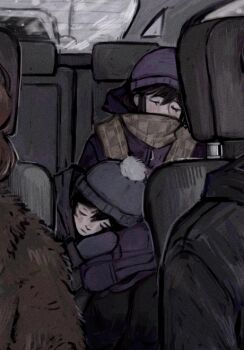 2boys 2girls alternate_costume black_hair brother_and_sister brown_hair car_interior closed_eyes closed_mouth coat double-parted_bangs father_and_daughter father_and_son grey_hat grey_mittens hair_between_eyes hat long_hair long_sleeves mari_(faraway)_(omori) mari_(omori) mittens mother_and_daughter mother_and_son multiple_boys multiple_girls omori purple_coat purple_hat short_hair siblings sitting sleeping sunny&#039;s_mom_(omori) sunny_(omori) umilini2