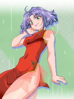 1girl ahoge arm_support blush breasts china_dress chinese_clothes dress green_background green_eyes looking_at_viewer medium_breasts mitsuko_isurugi no_panties onnaski purple_hair red_dress short_hair side_slit sitting sleeveless sleeveless_dress smile super_robot_wars super_robot_wars_original_generation