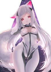 Rule 34 | 1girl, animal ears, bodysuit, breasts, commentary request, grey hair, hand up, head tilt, highres, long hair, looking at viewer, medium breasts, original, p19, parted lips, red eyes, solo, standing, tail, thigh gap, very long hair, white background, white bodysuit