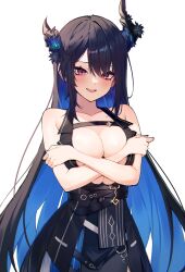 Rule 34 | 1girl, absurdres, asymmetrical horns, bare arms, bare shoulders, black hair, black horns, blue hair, breasts, center opening, colored inner hair, covered nipples, demon horns, embarrassed, highres, hololive, hololive english, horns, large breasts, leather belt, light blush, light smile, long hair, looking down, mole, mole under eye, multicolored hair, nerissa ravencroft, nerissa ravencroft (1st costume), red eyes, seion, very long hair, virtual youtuber, white background