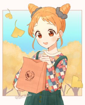 1girl :d aikatsu! aikatsu!_(series) arisugawa_otome autumn autumn_leaves bag border brown_eyes commentary_request cone_hair_bun double_bun ginkgo_leaf green_skirt hair_bun hair_ornament hair_scrunchie highres holding holding_bag kinakona leaf long_sleeves open_mouth orange_hair outdoors outside_border paper_bag print_sweater scrunchie short_hair skirt smile solo suspender_skirt suspenders sweater tree twitter_username upper_body white_border