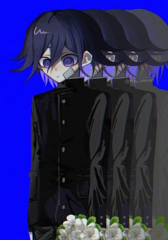 Rule 34 | 1boy, arms at sides, bandaid, bandaid on face, blue background, bouquet, buttons, danganronpa (series), danganronpa v3: killing harmony, expressionless, flipped hair, flower, gakuran, hair between eyes, hashtag-only commentary, highres, holding, holding bouquet, jacket, long sleeves, looking down, male focus, oma kokichi, oshioishii, purple eyes, purple hair, school uniform, short hair, simple background, solo, surreal, twitter username, upper body, white flower