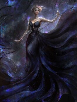 1girl artwithka black_dress blonde_hair breasts cleavage clothing_cutout collarbone commentary commission dress english_commentary floating_clothes full_body glitter highres orange_eyes original red_lips solo stomach_cutout strapless strapless_dress updo