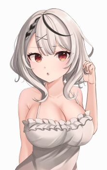 1girl :o arm_behind_back bare_arms bare_shoulders black_streaks blush braid breasts camisole cleavage collarbone commentary frilled_camisole frills hair_ornament hand_up highres hololive large_breasts looking_at_viewer medium_hair multicolored_hair parted_lips ramkilog red_eyes sakamata_chloe simple_background single_braid solo streaked_hair twirling_hair upper_body virtual_youtuber white_background white_camisole white_hair x_hair_ornament