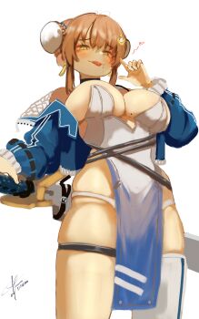 1girl absurdres arm_up bare_shoulders black_choker blue_dress blue_jacket braid braided_bun breasts brown_hair bun_cover chamaleon chaos_zero_nightmare choker cleavage cropped_jacket double_bun dress eyeliner gradient_clothes gradient_dress hair_bun hair_ornament highres holding holding_sword holding_weapon huge_weapon jacket large_breasts looking_at_viewer makeup mole mole_on_breast mole_under_mouth off_shoulder open_clothes open_jacket panty_straps pelvic_curtain piercing red_eyeliner short_hair_with_long_locks single_thighhigh skindentation smile solo strapless strapless_dress sword thigh_strap thighhighs thighs tongue tongue_out tongue_piercing weapon yellow_eyes yuki_(chaos_zero_nightmare)