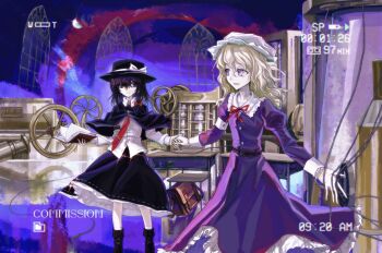 2girls bag belt black_belt black_boots black_capelet black_eyes black_hair black_hat black_skirt blonde_hair book boots bow brown_bag buttons cabinet capelet chair check_commentary classroom closed_mouth collarbone collared_dress collared_shirt commentary_request commission contrast_collar distortion dress frilled_dress frilled_shirt_collar frills hair_bow hat hat_bow highres holding holding_book holding_hands indoors juliet_sleeves long_hair long_sleeves maribel_hearn medium_hair mob_cap multiple_girls neck_ribbon necktie object_request open_mouth oriharareimu puffy_sleeves purple_dress purple_eyes red_bow red_necktie red_ribbon ribbon ribbon-trimmed_capelet ribbon-trimmed_collar ribbon-trimmed_skirt ribbon_trim shirt skirt sleeve_cuffs sleeve_garter smile socks table touhou untucked_shirt usami_renko white_hat white_shirt white_socks window