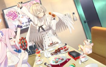 &gt;_&lt; 3girls :d animal_ear_fluff animal_ears arm_up arrow_(symbol) black_bow black_neckerchief black_scrunchie blue_archive blue_bow blue_bowtie blurry blurry_background blush blush_stickers bow bowtie braid breasts brown_hair buttons cake cake_slice capelet character_name character_print chibi chibi_inset closed_eyes closed_mouth commentary cowboy_shot crown_braid cup double-breasted double-parted_bangs dress dutch_angle english_text facing_viewer feathered_wings flower food forehead fox_ears fox_girl glint hair_between_eyes hair_bun hair_flower hair_ornament halo hand_fan hand_up happy heart heart_print hifumi_(blue_archive) highres holding holding_fan holding_food holding_tambourine holy-san_(makuu) index_finger_raised indoors instrument karaoke large_breasts long_hair long_sleeves looking_at_object macaron microphone mika_(blue_archive) multiple_girls musical_note nagisa_(blue_archive) neckerchief o_o open_mouth parfait parted_bangs peroro_(blue_archive) pink_flower pink_halo profile puffy_long_sleeves puffy_sleeves purple_flower school_uniform scrunchie seia_(blue_archive) sidelocks single_side_bun sleeve_bow smile smirk split_mouth steam straight_hair sweets swiss_roll table tambourine tea tea_party_(blue_archive) teacup translated trinity_general_school_logo upper_body v-shaped_eyebrows variant_set very_long_hair white_capelet white_dress white_flower white_wings wings wrist_scrunchie yellow_halo