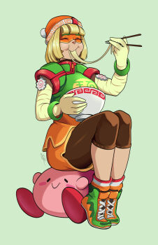 1girl arms_(game) beanie bob_cut bowl bracelet closed_eyes colored_extremities domino_mask eating eye_mask food green_shoes hat holding holding_bowl jewelry kirby kirby_(series) leggings leggings_under_shorts mask min_min_(arms) nintendo noodles ramen shenani shoes short_hair shorts sitting sitting_on_person sneakers super_smash_bros.