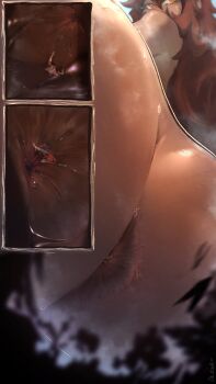 1boy 2024 2girls absurdres anal_hair anus artist_name ass ass_focus blue_sky blurry blurry_foreground brown_hair close-up comic commentary completely_nude dark-skinned_female dark_skin depth_of_field english_commentary forest from_below giant giantess gina_(onkinky) hair_between_eyes highres huge_ass long_hair looking_back mini_person miniboy minigirl multiple_girls multiple_views nature nude onkinky original outdoors outline panels perspective screaming sitting sitting_on_person size_difference sky steaming_body struggling stuck sweat yellow_eyes