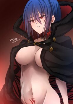 1girl black_cape black_cloak blue_hair breasts cape ciel_(tsukihime) cloak convenient_censoring crest evil_smile floating_clothes fur-trimmed_cloak fur_trim hair_between_eyes highres large_breasts messy_hair michael_roa_valdamjong naked_cape naked_cloak navel possessed red_eyes roa-ciel short_hair smile standing tsukihime tsukihime_(remake) upper_body vampire vent_vert_(kuuya)