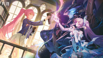 Rule 34 | 1girl, absurdres, aemeath (wuthering waves), ahoge, bare shoulders, book, breasts, chinese commentary, closed mouth, commentary request, dress, elbow gloves, exostrider (wuthering waves), glitch, gloves, highres, holding, holding book, incredibly absurdres, jacket, leotard, logo, long hair, long sleeves, mecha, medium breasts, official art, orange eyes, pink hair, ponytail, purple jacket, robot, split theme, thighs, white dress, white gloves, white leotard, wuthering waves