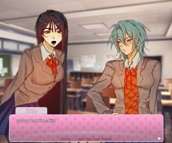 2girls alien_stage anniqx arms_behind_back black_eyes black_hair breasts brown_sweater_vest character_name classroom closed_eyes collared_shirt commentary dialogue_box doki_doki_literature_club doki_doki_literature_club_school_uniform earrings english_commentary english_text genderswap genderswap_(mtf) grey_jacket hand_on_own_hip highres ivan_(alien_stage) jacket jewelry long_hair medium_hair multiple_girls neck_ribbon open_clothes open_jacket red_pupils red_ribbon ribbon school_uniform shirt straight_hair sweater_vest till_(alien_stage) very_long_hair white_shirt