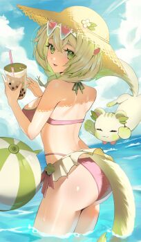 1girl absurdres animal_ears ass ass_focus back ball bare_shoulders beach beachball bikini braid breasts bubble_tea eyewear_on_head ferret ferret_ears ferret_girl ferret_tail gradient_fur gradient_hair gradient_tail green_eyes green_fur green_hair green_nails green_tail hair_between_eyes hat highres indie_virtual_youtuber laimu_(vtuber) laimu_(vtuber)_(summer) large_breasts leaf looking_at_viewer looking_back multicolored_fur multicolored_hair multicolored_tail ocean summer sun sun_hat sunglasses swimsuit tail twin_braids two-tone_fur two-tone_hair two-tone_tail vinesauce virtual_youtuber wet white_fur white_hair white_tail zen1zen3