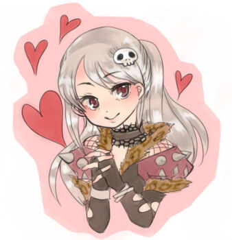 1girl akari-tkn blush brown_gloves choker closed_mouth commentary_request elbow_gloves fingerless_gloves gloves grey_choker grey_hair hair_ornament heart interlocked_fingers long_hair looking_at_viewer ragnarok_online red_eyes shadow_chaser_(ragnarok_online) skull_hair_ornament smile solo upper_body white_background