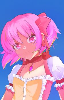 absurdres blue_background bow bow_choker choker dress gem hair_ribbon highres kaname_madoka kaname_madoka_(magical_girl) looking_at_viewer mahou_shoujo_madoka_magica mahou_shoujo_madoka_magica_(anime) pink_eyes pink_gemstone pink_hair red_choker ribbon shion_(shion_aster) short_hair short_twintails soul_gem twintails