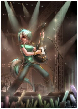 1girl blouse commission concert drum drum_set electric_guitar emperpep female_focus gibson_les_paul green_shirt guitar hair_over_one_eye horns instrument lyra_heartstrings microphone_stand multicolored_hair my_little_pony my_little_pony:_friendship_is_magic personification shirt single_horn solo stage standing tail two-tone_hair