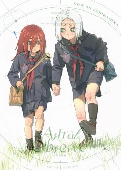 ! 1boy 1girl aged_down bag black_socks blue_bag blue_jacket blue_sailor_collar blue_skirt bow brown_bag brown_eyes brown_shoes bug butterfly commentary dated deja_vu_(zxmm00310400) eyeliner green_eyes hair_between_eyes highres hikimayu holding_hands insect jacket kaguya_kimimaro long_hair looking_at_another makeup naruto_(classic) naruto_(series) pleated_skirt red_bow red_eyeliner red_hair sailor_collar sailor_shirt school_bag school_uniform shirt shoes shorts skirt socks tayuya_(naruto) watermark white_background white_hair