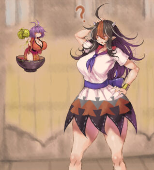 2b-ge 2girls ? ahoge alternate_breast_size arm_up bare_legs black_hair blue_bow blue_neckerchief blush bow bowl breasts chinese_commentary cleavage closed_mouth collarbone hair_between_eyes hand_on_own_head hand_on_own_hip hand_up highres holding holding_mallet horns huge_breasts kijin_seija knees legs looking_at_another mallet medium_hair mini_person minigirl miracle_mallet multicolored_hair multiple_girls neckerchief open_mouth pointy_ears purple_hair red_eyes red_hair shirt short_hair short_sleeves skirt smile standing sukuna_shinmyoumaru thick_thighs thighs touhou white_hair white_shirt wide_hips wrist_guards yellow_background