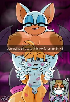 1boy 2026 2girls absurdres age_difference anger_vein animal_ears artist_name bat_ears bat_girl bat_wings blue_eyes blush breasts cellphone completely_nude double_v english_text eyelashes flaccid fox_boy fox_ears fox_tail furry furry_female furry_male furry_with_furry gloves green_eyes hetero highres holding holding_phone huge_breasts lipstick_mark looking_at_viewer multiple_girls navel nipples nude onee-shota open_mouth penis phone rabbit_ears rabbit_girl rouge_the_bat shota size_difference small_penis smartphone smile sonic_(series) standing surjang sweat tail tails_(sonic) testicles topless_female uncensored v vanilla_the_rabbit white_fur white_gloves wings yellow_fur