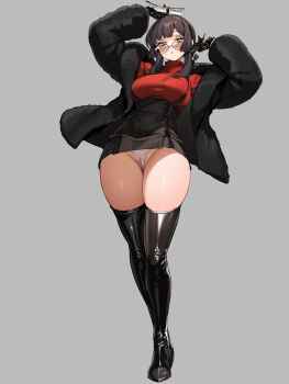 1girl absurdres arms_up black_coat black_gloves black_hair black_skirt boots breasts cameltoe coat commentary_request curvy full_body glasses gloves green_eyes grey_background highres kantai_collection large_breasts long_sleeves looking_at_viewer mogador_(kancolle) open_clothes open_coat panties parted_lips red_sweater ribbed_sweater simple_background skirt solo standing sweater thigh_boots thighs torisan turtleneck turtleneck_sweater underwear white_panties