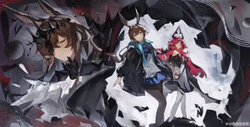 3girls absurdres amiya_(arknights) amiya_(demon_king)_(arknights) animal_ears aqua_eyes arknights ascot bare_shoulders black_dress black_jacket black_pantyhose blue_ascot blue_skirt brown_hair closed_eyes dress dual_persona hair_between_eyes hair_over_one_eye highres incredibly_absurdres jacket jewelry keyhole linkai long_hair long_sleeves miniskirt multiple_girls multiple_rings nymph_(arknights) one_eye_closed open_clothes open_jacket pantyhose parted_lips pink_eyes pink_hair ring skirt watermark weibo_watermark white_dress white_pantyhose