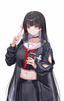 1girl absurdres arm_cutout black_choker black_hair black_jacket black_serafuku black_shirt black_skirt breasts chinese_commentary chisa_(wuthering_waves) choker closed_mouth clothing_cutout commentary_request food hair_ribbon highres holding holding_food holding_pocky jacket jewelry long_hair long_sleeves looking_at_viewer midriff navel neckerchief pocky red_eyes red_neckerchief red_ribbon ribbon sailor_collar school_uniform serafuku shirt simple_background skirt solo very_long_hair wen_cilang white_background white_sailor_collar wuthering_waves