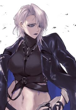 1girl black_jacket black_lips black_shirt blue_eyes crop_top grey_hair hand_on_own_hip highres jacket medium_hair moyashiuma1031 navel path_to_nowhere shirt solo stomach turtleneck turtleneck_shirt white_background zoya_(path_to_nowhere)