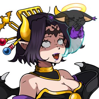 1girl bare_shoulders bat_tattoo black_hair blacktailmon blank_eyes breasts cleavage dclaret demon demon_girl demon_horns demon_wings digimon digimon_(creature) exhausted eyeshadow facial_mark fallen_angel forehead_mark forehead_tattoo ghost giving_up_the_ghost hair_ornament horns large_breasts lilithmon makeup multiple_wings pointy_ears purple_eyeshadow purple_lips short_hair solo tattoo unconscious wings