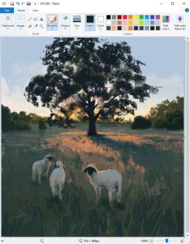animal art_program_in_frame christian_young commentary day forest grass grazing_(livestock) landscape microsoft_paint_(medium) microsoft_paint_(software) nature no_humans original outdoors painterly scenery screencap shadow sheep sunset tree