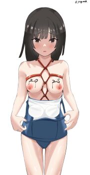 1girl 2025 absurdres bakemonogatari bdsm black_hair blue_one-piece_swimsuit blush body_writing bondage bound breasts brown_eyes highres long_hair looking_at_viewer medium_breasts monogatari_(series) nipples one-piece_swimsuit open_mouth paint_on_body prixy restrained school_swimsuit sengoku_nadeko shibari simple_background solo standing swimsuit white_background