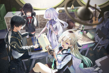 Rule 34 | 1boy, 3girls, absurdres, alternate costume, aqua necktie, backpack, bag, black dress, black hair, black jacket, black skirt, blonde hair, blueprint (object), bow, bowtie, braid, braided bangs, breasts, cellphone, chisa (wuthering waves), classroom, commentary, dress, earrings, english commentary, gradient hair, green hair, grey hair, hair ornament, headphones, headphones around neck, highres, holding, holding phone, indoors, jacket, jewelry, jyn (jyn ixix), long hair, lynae (wuthering waves), male rover (perpetual spark) (wuthering waves), male rover (wuthering waves), medium breasts, mornye (wuthering waves), multicolored hair, multiple girls, necktie, open mouth, phone, purple dress, purple eyes, red bow, red bowtie, rover (wuthering waves), shirt, sitting, skirt, skull hair ornament, smartphone, smile, spray can, star (symbol), star earrings, tacet mark (wuthering waves), white jacket, white shirt, wuthering waves