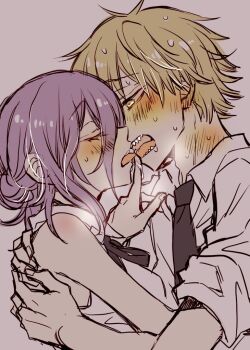 1boy 1girl 59_(seventhstar) black_necktie black_ribbon blonde_hair blush breath chainsaw_man closed_eyes commentary_request denji_(chainsaw_man) ear_blush french_kiss hetero hug kiss looking_at_another neck_blush neck_ribbon necktie purple_hair reze_(chainsaw_man) ribbon saliva sharp_teeth shirt simple_background sleeveless sleeveless_shirt sweat teeth tongue tongue_out upper_body white_shirt