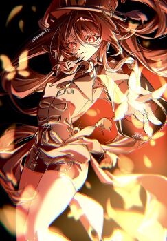 Rule 34 | 1girl, brown hair, bug, butterfly, closed mouth, flower-shaped pupils, genshin impact, hat, hu tao (genshin impact), insect, long sleeves, looking at viewer, mkr aknk714, shorts, symbol-shaped pupils