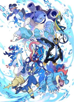 bird blastoise commentary empoleon feraligatr frog gen_1_pokemon gen_2_pokemon gen_3_pokemon gen_4_pokemon gen_5_pokemon gen_6_pokemon gen_7_pokemon gen_8_pokemon greninja group_picture highres horns inteleon kuromagnon mermaid monster_girl nintendo penguin pokemon pokemon_(creature) primarina quaquaval samurott seal_(animal) simple_background single_horn swampert trait_connection turtleneck white_background