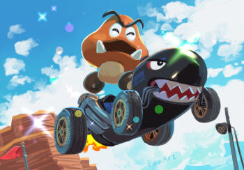 blue_sky cliff cloud exhaust fangs fire flag gleam go-kart goomba jumping mario_(series) mario_kart mario_kart_world nintendo sky wheel yamari_(ya_mari_6363)