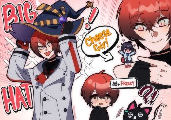 !? >_< 1boy 1girl @_@ alternate_costume artist_self-insert bag black_gloves black_hair black_shirt blue_ribbon blue_shirt blush chibi coat commentary english_commentary full_body gloves hair_between_eyes hat holostars holostars_english long_sleeves looking_at_viewer machina_x_flayon machiroon_(machina_x_flayon) nikatheworm open_mouth red_eyes red_gloves red_hair ribbon school_uniform shirt short_hair sleeveless smile speech_bubble white_coat witch_hat