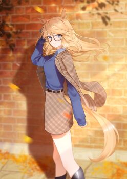 1girl alternate_costume animal_ears autumn_leaves belt blonde_hair blue_bow blue_eyes blue_shirt blush bow breasts brick_wall brown_jacket brown_skirt closed_mouth collared_shirt commentary_request ear_bow glasses gold_city_(umamusume) highres horse_ears horse_girl horse_tail jacket jacket_on_shoulders katuko_deluxe leaf long_hair long_sleeves looking_at_viewer outdoors shirt skirt solo tail umamusume umamusume:_cinderella_gray