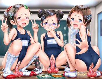 3girls :o :| absurdres ankle_socks anus anus_cutout arm_support ass back bare_shoulders black_hair black_socks blue_eyes blush book breasts brown_hair cameltoe censored chalkboard classroom cleft_of_venus closed_mouth collarbone covered_navel crotchless cutout desk dildo dildo_riding double_bun double_v drooling embarrassed female_ejaculation female_focus female_masturbation flat_chest from_behind from_below full_body glasses group_masturbation hair_bun hair_ornament hairclip higeepon high_ponytail highres huge_filesize legs loli looking_at_viewer looking_back masturbation medium_hair mosaic_censoring multiple_girls nipple_cutout nipples no_panties object_insertion on_desk one-piece_swimsuit open_mouth outstretched_arm pee peeing peeing_self pink_eyes polka_dot polka_dot_socks ponytail purple_eyes pussy pussy_cutout pussy_juice pussy_juice_drip riding saliva school school_desk school_swimsuit sex_toy shoes short_hair sidelocks sitting small_breasts socks spread_legs squatting suction_cup_dildo swimsuit teeth thighs third-party_edit upper_teeth_only v vaginal vaginal_object_insertion white_socks