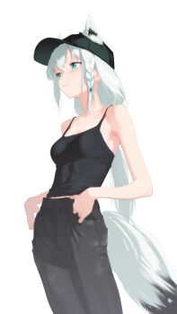1girl ahoge alternate_costume animal_ears aqua_eyes bare_arms baseball_cap black_camisole black_hat black_pants braid breasts camisole closed_mouth cohi27151463 commentary_request crossed_bangs double-parted_bangs ears_through_headwear extra_ears fox_ears fox_girl fox_tail hair_between_eyes hat highres hololive long_hair low_ponytail medium_breasts midriff_peek pants pentagram ponytail shirakami_fubuki side_braid simple_background single_braid solo tail virtual_youtuber white_background white_hair
