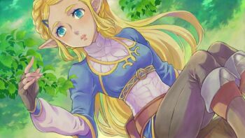 Rule 34 | 1girl, belt, belt pouch, black gloves, black pants, blonde hair, blue eyes, blue shirt, braid, breasts, brown belt, commentary request, cropped shirt, crown braid, dutch angle, fingerless gloves, fingernails, gloves, hair ornament, hairclip, hand up, layered shirt, layered sleeves, long hair, long sleeves, medium breasts, nintendo, on tree stump, pants, parted bangs, parted lips, pink lips, pointy ears, pouch, princess zelda, saikachi (ogre tree), shirt, sitting, solo, the legend of zelda, the legend of zelda: breath of the wild, tree stump, triforce, white shirt